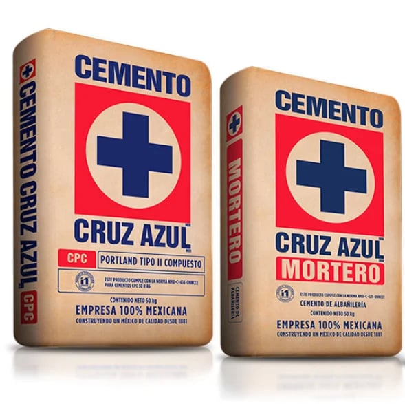 Two bags of Cemento Cruz Azul cement product from Mexico side by side displaying red and cream packaging