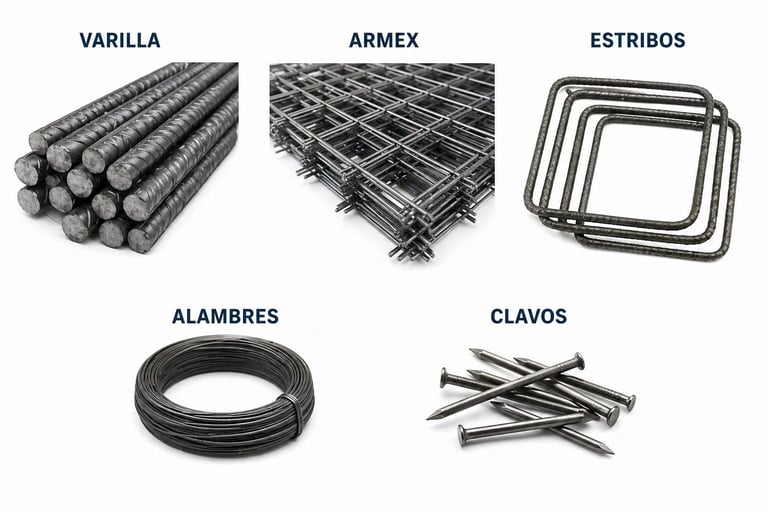 Five types of steel reinforcement materials: varilla (rebar), armex (wire mesh), estribos (stirrups), alambres (wire), and clavos (nails)