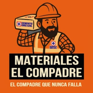 Cartoon construction worker with hard hat and beard carrying cement bag on orange background with text Materiales El Compadre