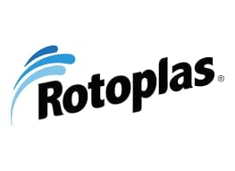 Rotoplas company logo featuring blue curved lines and black text