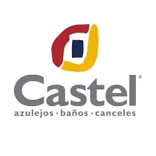 Castel company logo featuring red and yellow curved shapes with a white square, representing tiles, bathrooms, and kitchen products